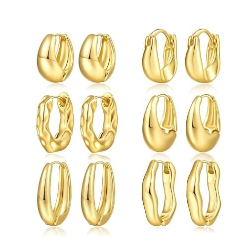 JeHwuel 6 Pairs Gold Hoop Earrings Set for Women, 14K Gold Plated Huggie Chunky Earring Variety Pack, Hypoallergenic Thick Jewelry Gift - Image 1