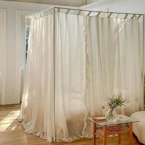 Mengersi Canopy Bed Curtains,Linen Bed Canopy Curtains 4 Corner Bed Drapes Canopy Curtains for Bedroom Decor (Ivory,Queen) thumbnail 5