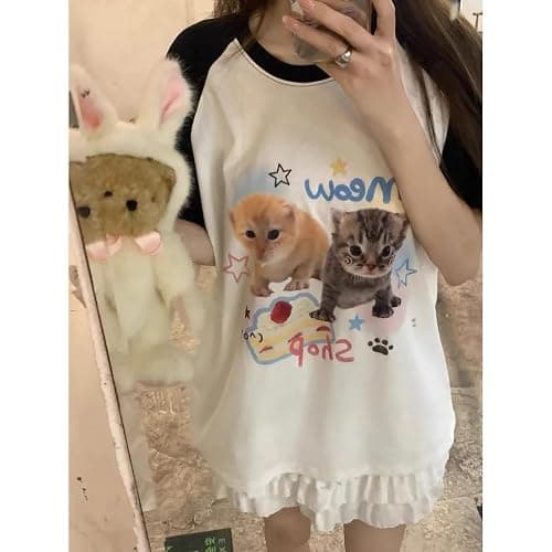 Women's Kawaii Cat Print T-Shirts Cartoon Letter Japan Style Kitten Short Sleeve Cute Print Tops Sweet Girl Y2k Tee Tops thumbnail 2