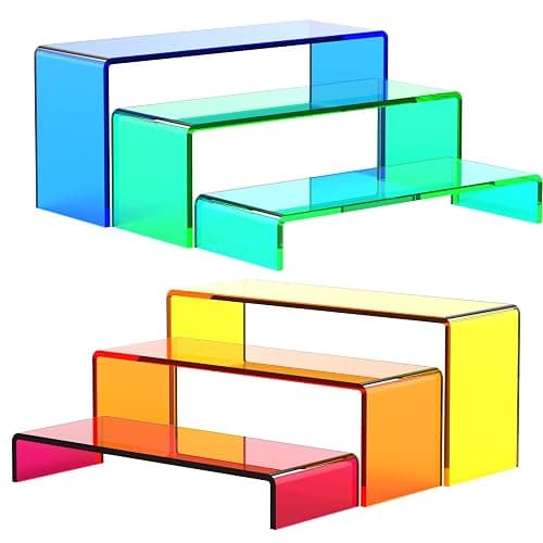 SOVQUEST 6 PCs Risers Display Stands 3 Tiers Desktop Acrylic Shelves Cake Pop Holder Products Display Stand for Collectibles Shoes Jewels (Mix Colors) - Image 1