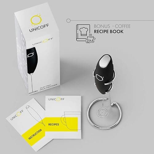 Unicoff Handheld Milk Frother with Stand – Electric Milk Frother for Coffee, Latte, Cappuccino & Matcha – Battery Operated Drink Mixer, BPA-Free Stainless Steel Whisk, Portable Mini Foam Maker (Black) thumbnail 3