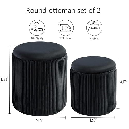 Round Set of 2 Ottoman with Storage-Upholstered Velvet Vanity Stool for Makeup Multifunctional Ottomans Coffee Table Padded Seat Foot Rest for Living Room&Bedroom (Black) thumbnail 3