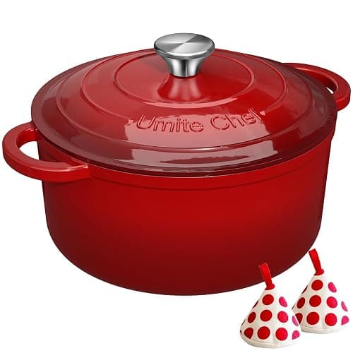 Umite Chef 7QT Enameled Cast Iron Dutch Oven with Lid & Cotton Potholders–Heavy-Duty Cookware for Bread Baking, Braising, Stews, Marinate, Cook(Red) - Image 1