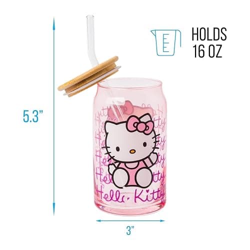 Silver Buffalo Sanrio Hello Kitty Waving Pink Glass Jar Tumbler with Bamboo Lid and Glass Straw, 16 Ounces - Hello Kitty Waving - 16oz thumbnail 2