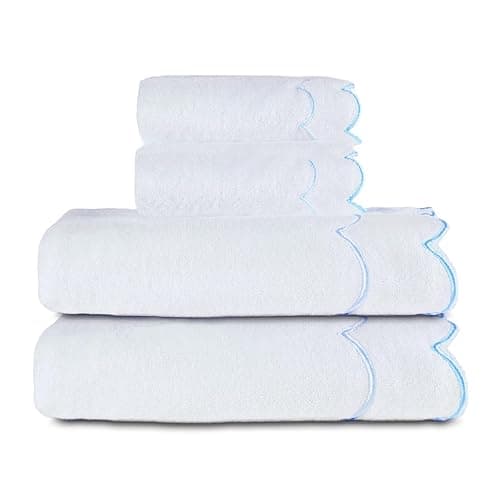 RRBXIA 4 Set 100% Cotton Bath Towels Set 2 Bath Towels 2 Hand Towels Embroidered Decorative Scalloped Towels Soft Cute Towel for Bathroom (Blue) - Image 1