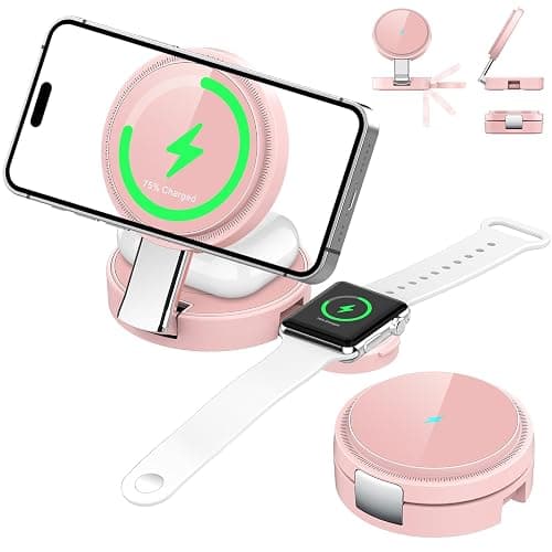 3 in 1 Magnetic Wireless Charging Station for iPhone 17/16/15/14/13/12 Series, Apple Watch and AirPods, MagSafe-Compatible 15W Fast Charging Stand, Foldable Adjustable Travel Charger, Pink - Image 1