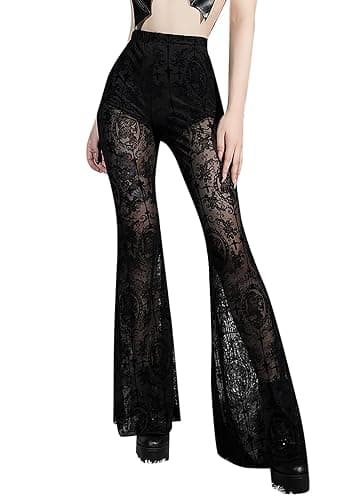 Womens Mesh Pants High Waisted Lace Bell Bottom Elastic Waist Summer Pants Wide Leg Trousers - Small - 4-black - Image 1