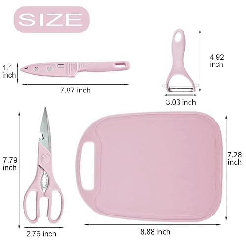 Magicorange Travel Cutting Board Set, 4 Pcs Portable Mini Camping Plastic Cutting Board Set & Stainless Steel Knife with Sheath, Fruits & Vegetable Peeler Scissors (Pink) - Pink thumbnail 3