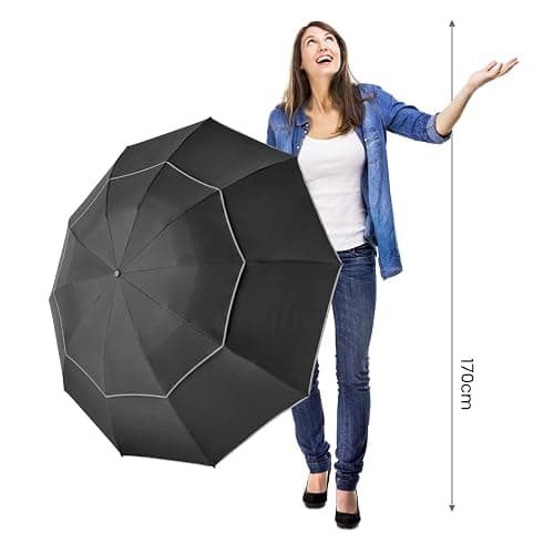 G4Free 54/62 Inch Windproof Inverted Umbrella with Reflective Stripe, Large Compact Reverse Golf Travel Umbrella for Rain 10 Ribs Double Canopy Automatic Open Close - Black - 62 inch thumbnail 9