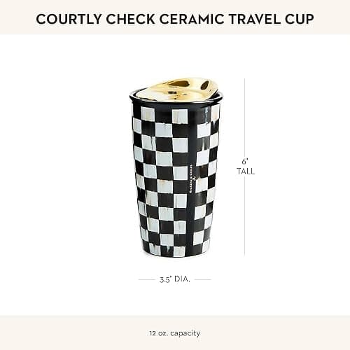 MACKENZIE-CHILDS Ceramic Travel Cup, Cute Tumbler Cup with Lid, 12 Ounces, Black-and-White Courtly Check thumbnail 2