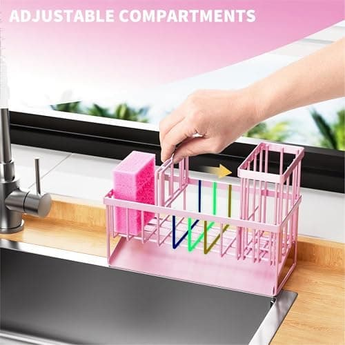 Cisily Pink Kitchen Sink Caddy Organzier with High Brush Holder, Sponge Holder for Sink, 304 Rustproof Stainless, Kitchen Countertop Soap Dispenser Organizer thumbnail 5