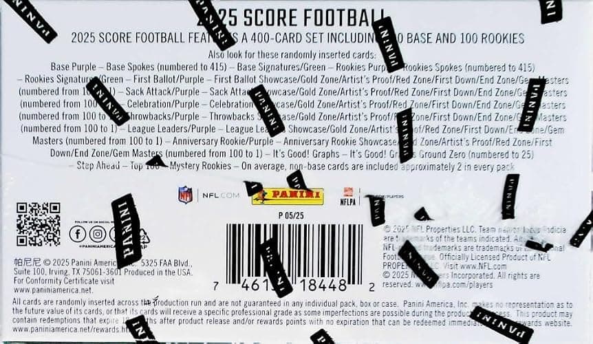 Panini 2025 Score NFL Football Factory Sealed Retail Box (24 Packs of 12 Cards) Chase possible autographs. Find 7 Parallels including 3 Exclusive Numbered Per Box, on average. Look for possible ultra-rare Inserts such as Step Ahead and Mystery Rookies Inserts. thumbnail 4