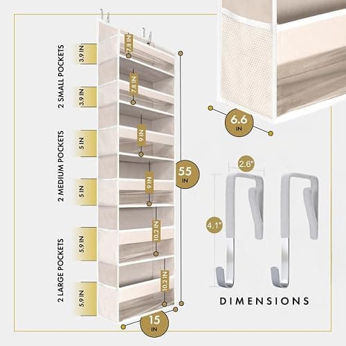 HOMELUX THEORY 1 PC Heavy Duty Over the Door Organizer 55x14x6.7, 6 Large Front & 12 Side Pockets, Hanging Storage Closet Door Organizer for Bedroom, Bathroom and Baby Nursery Storage (Ivory) - 1 set - Ivory thumbnail 3