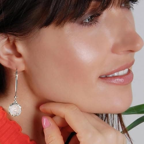 Simulated Druzy Threader Drop Earrings for Women - Gold, Silver, or Rose Gold Tone Trendy Boho Dangles with Sparkly Round Stone thumbnail 5