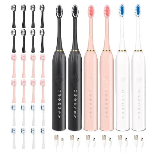 6 Pack Adult Electric Toothbrush Rechargeable Sonic Electric Toothbrush with 4 Brush Heads 6 Modes Timer Function IPX7 Waterproof 3 Colors Available - Image 1