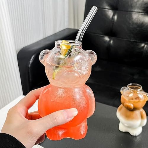 12oz Teddy Bear Glass Cup with Straw, Honey Bear Straw Coffee Tumbler, Cute Mugs, Coffee Beer Wine Cocktail Drinks Glassware (2PC) thumbnail 6