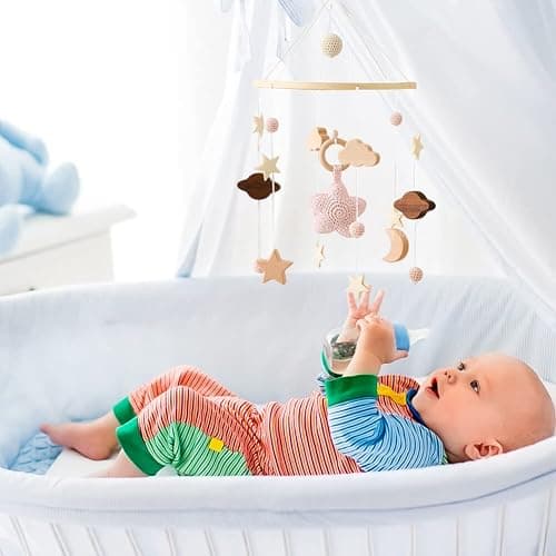 Baby Mobile for Crib, Wooden Baby Crib Mobile with Felt Ball Decor Wind Chime Bed Bell Cute Star Pendant Boho Hanging Decor Handmade Neutral Crib Bell for Kids Room Nursery Bedroom Type 2 - Type 2 thumbnail 5