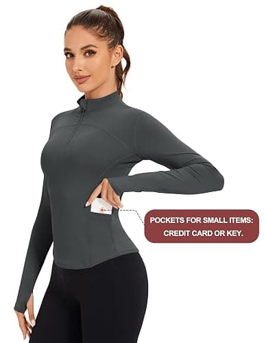 IECCP Women's Gym Tops 1/4 Zip Long Sleeve Quick-Dry Sports T-Shirts Lightweight Athletic Activewear with Thumb Holes, Side Pockets for Yoga, Running, Workout thumbnail 5