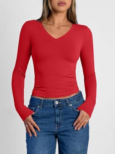 Trendy Queen Long Sleeve Shirts for Women 2025 Fall Fashion V Neck Basics Crop Tops Slim Fitted Y2K Tops Outfits Clothes thumbnail 2