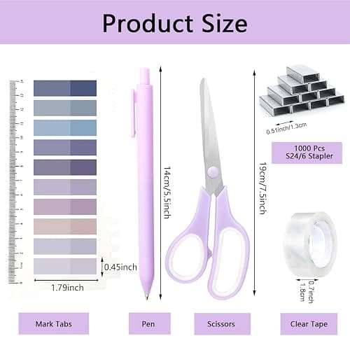 suniya Office Supplies,Desk Accessories,Tape Holder,Stapler,Scissor,Staple Remover,Box of Binder Clips,Staples,Ballpoint Pen,Lndex Tabs,Clear Tape,Office Supplies Set(Purple) thumbnail 7