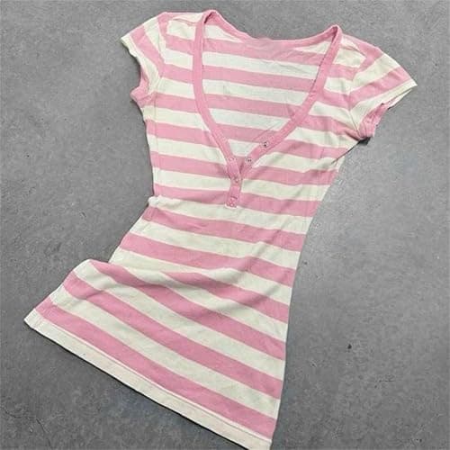 ORANDESIGNE Tshirt Damen Emo Y2K Clothes Sommer Gestreiftes Kurzarm Tee Top | Grunge Clothes, Vintage Tops, Alternative Clothes, Cute Tops, Stripe Oberteile, Basic Bluse, Streetwear thumbnail 2