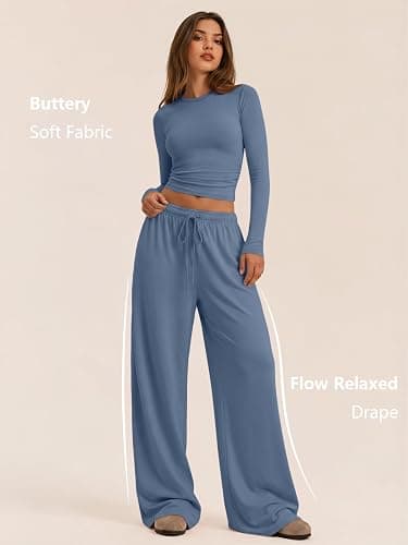 Trendy Queen Women's 2 Piece 2026 Fall Fashion Lounge Set with Pockets | Airport Outfit, Athleisure Workout Set, Fall Wardrobe Staple, Winter Style, Side-Ruched Top, Drawstring Wide-Leg Pants thumbnail 2