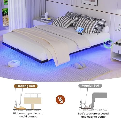 SANGMUCEN Floating Queen Bed Frame with LED Lights & USB Charging Station, Metal Platform Bed Frame Queen Size, No Box Spring Needed, Steel Slat Support, Anti-Noise Foam Stickers, Easy to Assemble thumbnail 4
