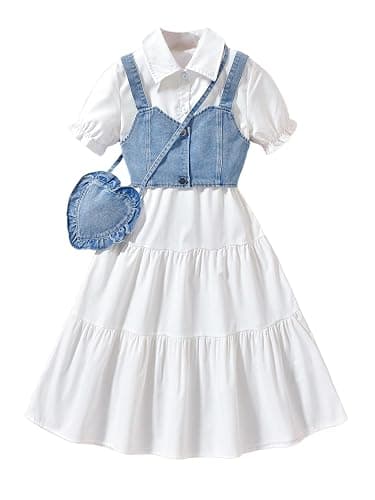 Verdusa Girl's Flared Ruffle Boho Dresses Button Down Collared Dress with Denim Crop Vest and Small Bag - Image 1