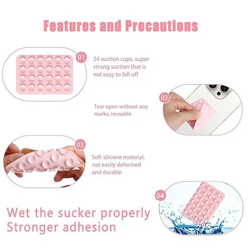 Vilboce 4 Piece Cell Phone Suction Cup,Silicone Suction Cup Cell Phone, Adhesive Back,For Mobile Power Cellphones Selfies and Videos (Black white Pink) thumbnail 4