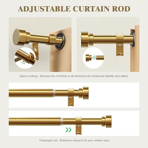 Oneach Heavy Duty Curtain Rods for Windows 28 to 48 Inch, 1 Inch Brass Gold Curtain Rod, Adjustable Length Rod with Metal Finials, Modern Decorative for Bedroom Kitchen Living Room (16 to 60 Inch) thumbnail 7