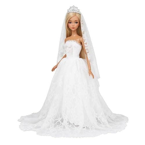 BARWA White Wedding Dress with Long Veil Evening Party Princess White Lace Gown Dress for 11.5 Inch Girl Doll thumbnail 2