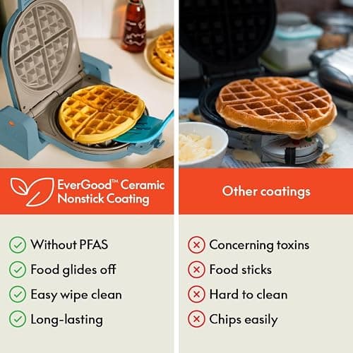 bella Flip-n-Store Waffle Maker, EverGood™ Ceramic Nonstick Coating, Fits-anywhere™ Kitchenware, Power Indicator Light & Touch Handle, 7” Wide & 1" Deep Plates, 1000 Watt, Surf thumbnail 7