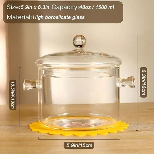 Glass Cooking Pot - 1.5L/50oz Heat-Resistant Borosilicate Glass Handmade Cookware Set stovetop Pot - Safe for Pasta Noodle, Soup, Milk, Tea (1.5L/50OZ) thumbnail 3