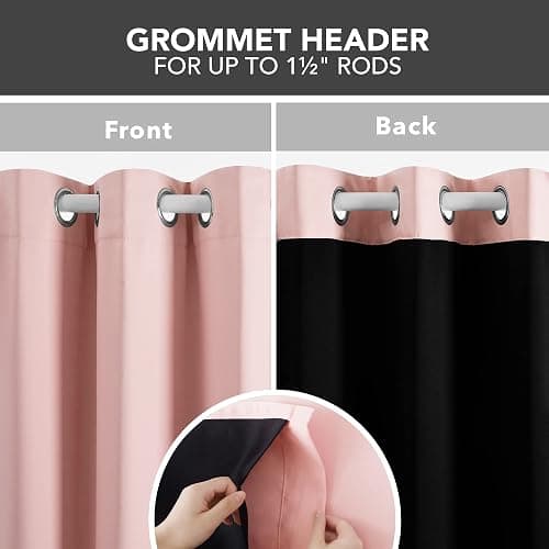 Deconovo 100% Blackout Curtains with Black Liner, Thermal Insulated Noise‑Reducing Grommet Drapes, Double‑Layer Room Darkening for Bedroom, Nursery, Home Office, 2 Panels, Crystal Pink, 52W x 84L thumbnail 6