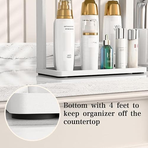 PEKER Bamboo Bathroom Organizer Countertop – Small Vanity Storage Shelf for Makeup, Perfume, Skincare – Natural Cosmetics Display Rack for Dresser, Sink, Kitchen –White thumbnail 7