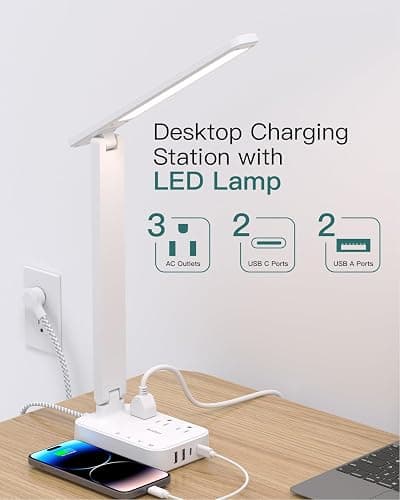 Addtam LED Desk Lamp, Power Strip with 3 Outlets 4 USB Charging Ports(2 USBC), 4 Modes 5 Level Brightness Touch Lamp, Small Desk Lamp for Home Office College Dorm Room Essentials, White - White - 5 FT thumbnail 2