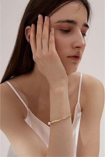 PERNNLA PEARL Dainty Gold Bar Bracelet for Women Simple Delicate Thin Cuff Bangle Hook Bracelet 18K Gold Plated Handmade Minimalist Jewelry thumbnail 7