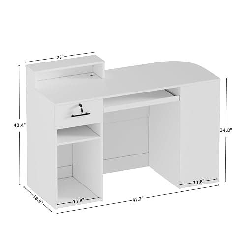 Modern Reception Desk with LED Light and Open Shelves, Front Desk with Lockable Drawers & Keyboard Tray,Reception Counter Table with Storage for Checkout, Office, Lobby, Nail Salon Spa (C.White) thumbnail 2