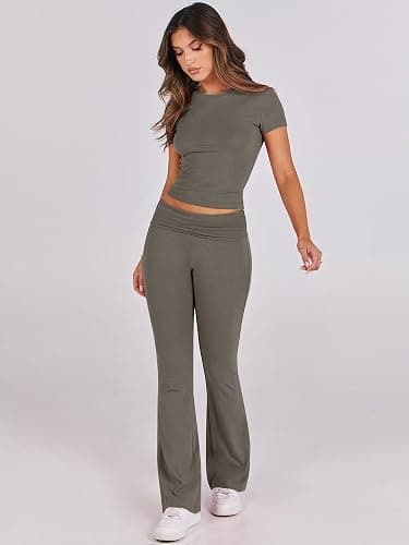ANRABESS Lounge Sets for Women 2 Piece Foldover Yoga Flare Leggings Pants Crop Tops Casual Y2K Outfits Matching Tracksuit Set thumbnail 8