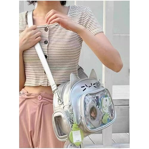 Cat Ita Bag Pin Display Backpack for School PU Leather Preppy Backpack for Girls Y2k Aesthetic Single Shoulder Bag thumbnail 3