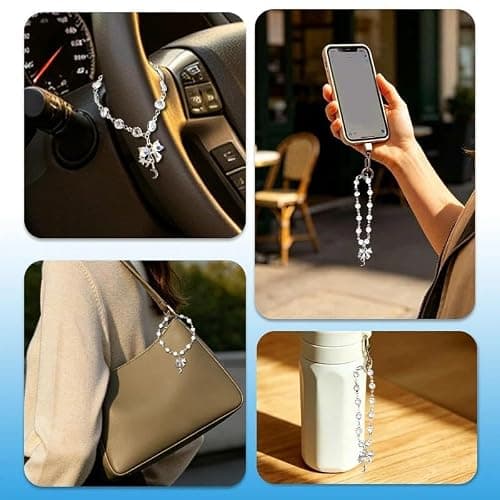 Steering Wheel Bow Charm Crystal Heart Hanging Chain Car Interior Decor | Bow Hanging Ornament Silver Star Moon Bowknot Charm for Rear View Mirror Car Steering Wheel Hanging Accessories for Women thumbnail 4
