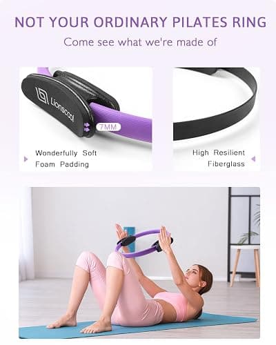 LIONSCOOL Pilates Ring Set - Premium Anti-Deformation 14” Magic Circle with Dual Padded Handles - Includes Burst Resistant Mini Ball & Highly Elastic Resistance Bands & Workout Guide & Bag - Purple thumbnail 2