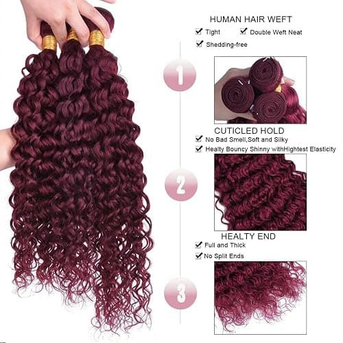 Heiowuio Brazilian Remy Hair Bundles Human Hair Extension #99j Burgundy Red Water Wave Unprocessed Menschliches Haar Tissage Brazilianne Real Human Hair 100g/Bundles 12 Inch thumbnail 3