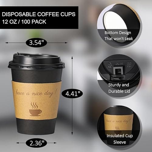 BYSNOW 100 pack 12 oz Thickened Coffee Cups with Lids, Scald Resistant Hot Cups with Sleeve and Straw, To Go Coffee Cups for Home, Office, Cafes and Party (Black 12oz) thumbnail 3