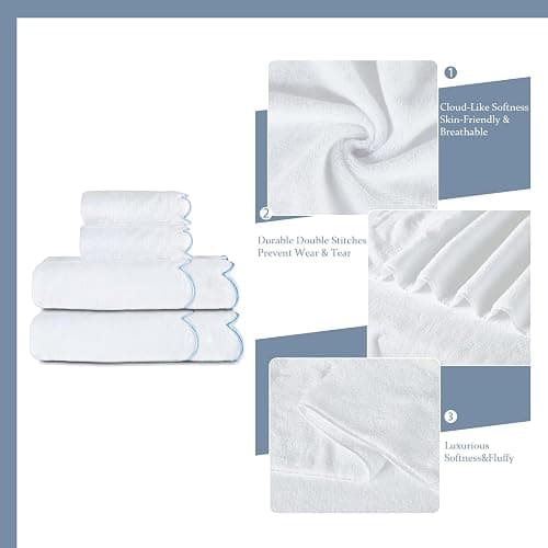 RRBXIA 4 Set 100% Cotton Bath Towels Set 2 Bath Towels 2 Hand Towels Embroidered Decorative Scalloped Towels Soft Cute Towel for Bathroom (Blue) thumbnail 3