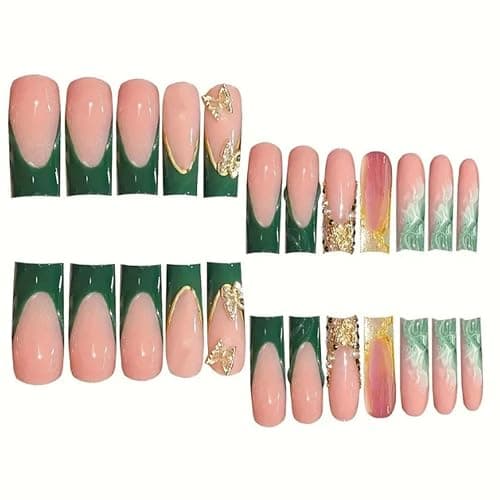 YoYoee Press on Nails -Luxury Long Fake Nails Coffin False Nails French Green Nails Butterfly Tips for Women and Girls 24Pcs thumbnail 2