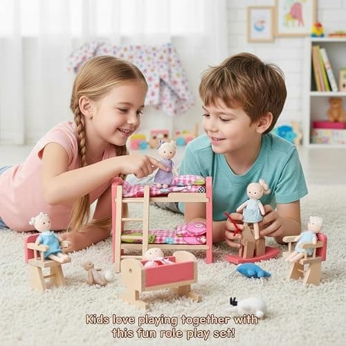 JOINPAYA Wooden Dollhouse Bedroom Furniture: Doll Bunk Bed Rocking Horse Chair, DIY 1:12 Scale Miniature Doll House Decoration Accessories for Ages 3+ Role-Playing thumbnail 4