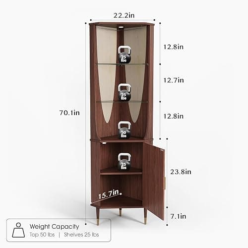 70" Tall Corner Cabinet, Mid Century Modern Cabinet with Doors, Fluted Corner Bar Cabinet with Glass Holder, Lights and Storage Shelves, Wine Bar Cabinet for Liquor, Living Room, Kitchen, Walnut thumbnail 2