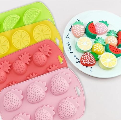 4 Pack Fruit Shaped Silicone Molds, Strawberry Pineapple Lemon Watermelon Ice Cube Trays, Food Grade Silicone Chocolate Candy Soap Molds for Baking, DIY Crafts, Party Decorations thumbnail 2