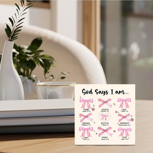 Nrleey Coquette Bow Wooden Sign - Coquette Room Decor, Pink God Says I Am Wooden Box Signs, Preppy Coquette Bow Bible Verse Decor, Inspirational Christian Gifts for Women, 5 X 5 Inches thumbnail 5